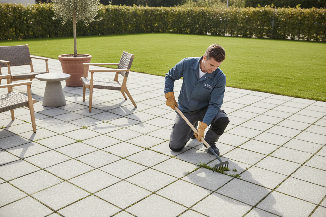 move the weed from the grass to between the concrete slabs