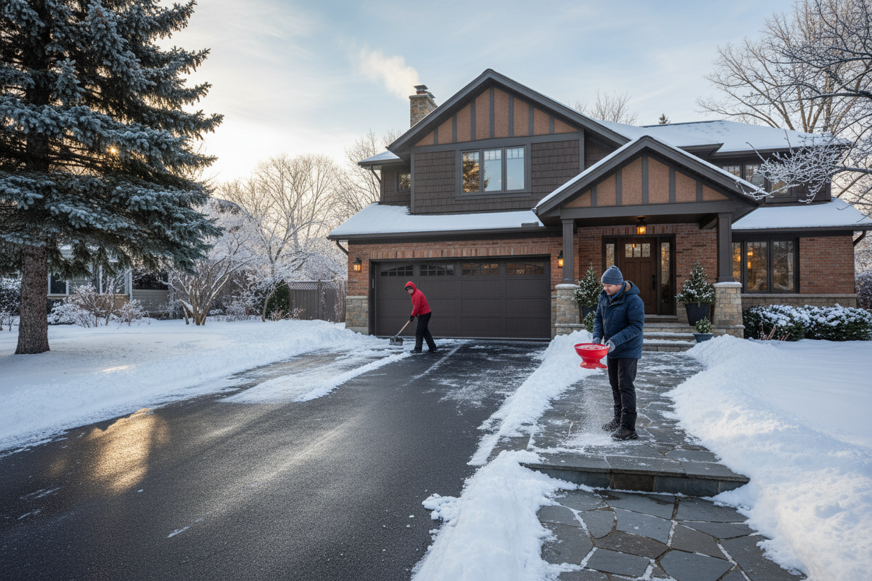 put more snow in the driveway and move the person with the shovel further from the other person