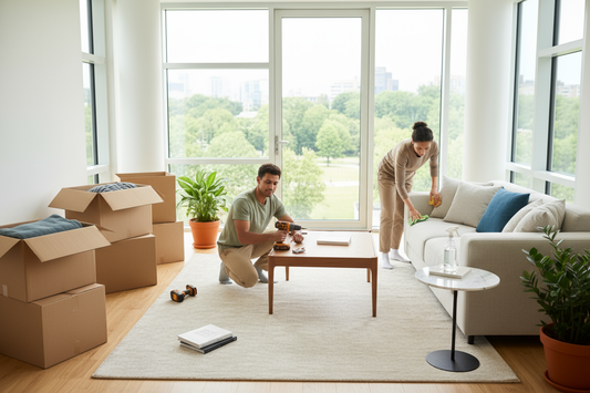 A bright and modern living room filled with moving boxes, a person assembling furniture and another cleaning a surface. The scene should look organized, welcoming, and stress-free, with soft natural light and minimal modern furniture. The style should be realistic, professional, and inviting, ideal for a service marketplace.