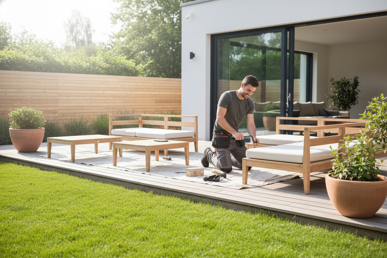 add a man setting up the furniture